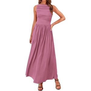 imageBTFBM Women 2025 Summer Sleeveless Ruched Maxi Dresses Boat Neck High Waist Wedding Guest Cocktail Tank Dress PocketsPink