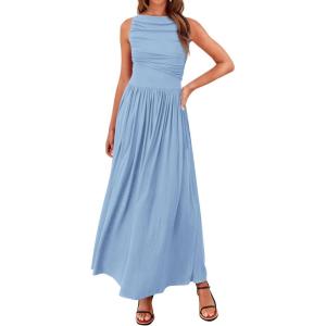 imageBTFBM Women 2025 Summer Sleeveless Ruched Maxi Dresses Boat Neck High Waist Wedding Guest Cocktail Tank Dress PocketsSky Blue