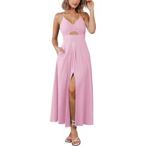 imageBTFBM Women 2025 Summer Spaghetti Strap Midi Dress Sleeveless V Neck Cutout Slit Casual Beach Party Maxi Dresses PocketsSolid Pink