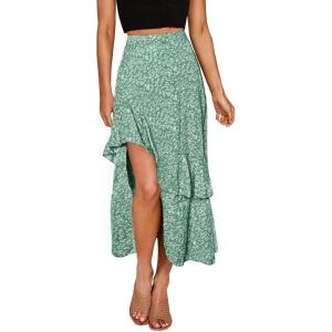 imageBTFBM Women 2025 Summer Spring Boho Long Skirts Dress Floral Print Elastic Waist Split Ruffle High Low Beach Maxi SkirtPrint Floral Green