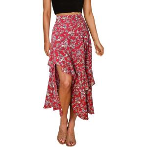 imageBTFBM Women 2025 Summer Spring Boho Long Skirts Dress Floral Print Elastic Waist Split Ruffle High Low Beach Maxi SkirtPrint Floral Red