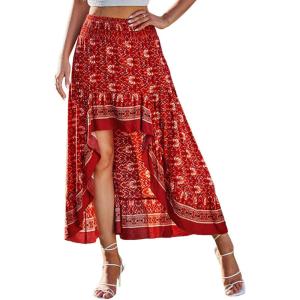 imageBTFBM Women 2025 Summer Spring Boho Long Skirts Dress Floral Print Elastic Waist Split Ruffle High Low Beach Maxi SkirtX  Floral Red
