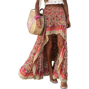imageBTFBM Women 2025 Summer Spring Boho Long Skirts Dress Floral Print Elastic Waist Split Ruffle High Low Beach Maxi SkirtXred