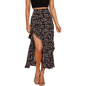 imageBTFBM Women 2025 Summer Spring Boho Long Skirts Dress Floral Print Elastic Waist Split Ruffle High Low Beach Maxi SkirtZblack