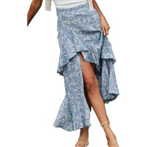 imageBTFBM Women 2025 Summer Spring Boho Long Skirts Dress Floral Print Elastic Waist Split Ruffle High Low Beach Maxi SkirtZblue