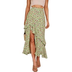 imageBTFBM Women 2025 Summer Spring Boho Long Skirts Dress Floral Print Elastic Waist Split Ruffle High Low Beach Maxi SkirtZgreen