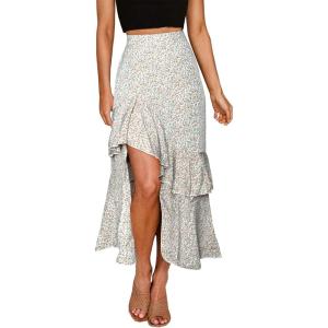 imageBTFBM Women 2025 Summer Spring Boho Long Skirts Dress Floral Print Elastic Waist Split Ruffle High Low Beach Maxi SkirtZwhite
