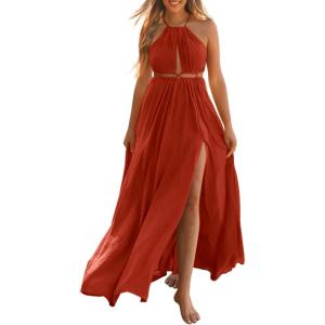 imageBTFBM Women Halter Summer Dresses 2025 Sleeveless Cutout Backless Sundress Slit Boho Casual Maxi Wedding Beach DressOrange Red
