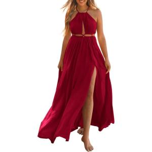 imageBTFBM Women Halter Summer Dresses 2025 Sleeveless Cutout Backless Sundress Slit Boho Casual Maxi Wedding Beach DressRed