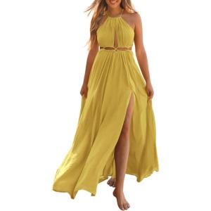 imageBTFBM Women Halter Summer Dresses 2025 Sleeveless Cutout Backless Sundress Slit Boho Casual Maxi Wedding Beach DressYellow