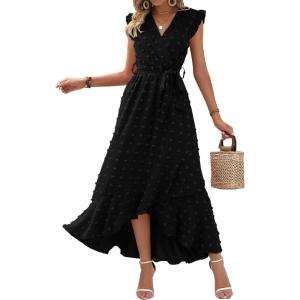 imageBTFBM Women V Neck Summer Dress 2025 Cap Sleeve Swiss Dot Boho Flowy Ruffle Slit Beach Party Long Maxi Cocktail DressesSwiss Dot Black