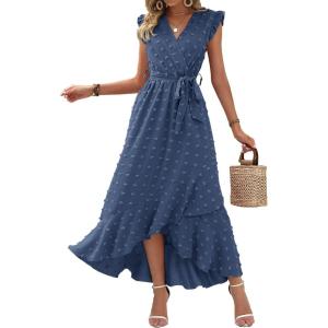 imageBTFBM Women V Neck Summer Dress 2025 Cap Sleeve Swiss Dot Boho Flowy Ruffle Slit Beach Party Long Maxi Cocktail DressesSwiss Dot Blue