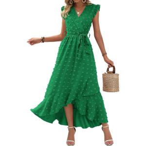imageBTFBM Women V Neck Summer Dress 2025 Cap Sleeve Swiss Dot Boho Flowy Ruffle Slit Beach Party Long Maxi Cocktail DressesSwiss Dot Green