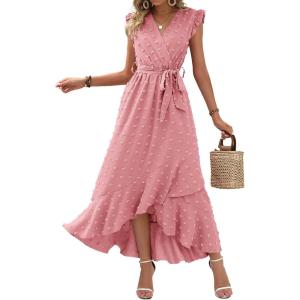 imageBTFBM Women V Neck Summer Dress 2025 Cap Sleeve Swiss Dot Boho Flowy Ruffle Slit Beach Party Long Maxi Cocktail DressesSwiss Dot Light Pink