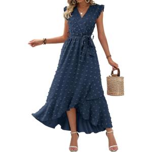 imageBTFBM Women V Neck Summer Dress 2025 Cap Sleeve Swiss Dot Boho Flowy Ruffle Slit Beach Party Long Maxi Cocktail DressesSwiss Dot Navy