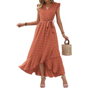 imageBTFBM Women V Neck Summer Dress 2025 Cap Sleeve Swiss Dot Boho Flowy Ruffle Slit Beach Party Long Maxi Cocktail DressesSwiss Dot Orange Red