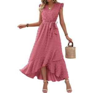 imageBTFBM Women V Neck Summer Dress 2025 Cap Sleeve Swiss Dot Boho Flowy Ruffle Slit Beach Party Long Maxi Cocktail DressesSwiss Dot Pink