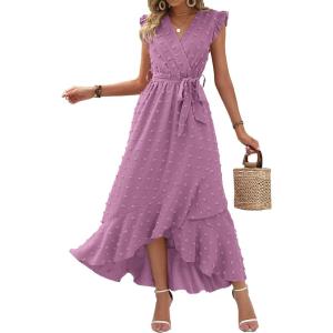 imageBTFBM Women V Neck Summer Dress 2025 Cap Sleeve Swiss Dot Boho Flowy Ruffle Slit Beach Party Long Maxi Cocktail DressesSwiss Dot Purple