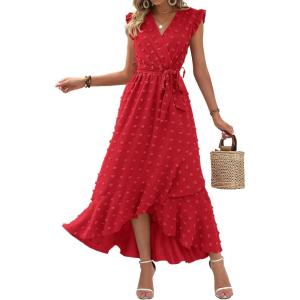 imageBTFBM Women V Neck Summer Dress 2025 Cap Sleeve Swiss Dot Boho Flowy Ruffle Slit Beach Party Long Maxi Cocktail DressesSwiss Dot Red