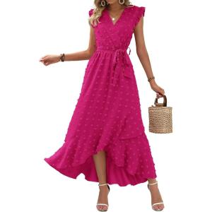 imageBTFBM Women V Neck Summer Dress 2025 Cap Sleeve Swiss Dot Boho Flowy Ruffle Slit Beach Party Long Maxi Cocktail DressesSwiss Dot Rose Red