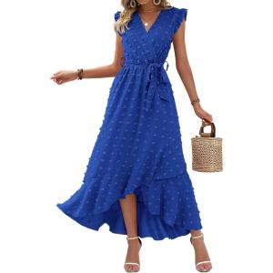imageBTFBM Women V Neck Summer Dress 2025 Cap Sleeve Swiss Dot Boho Flowy Ruffle Slit Beach Party Long Maxi Cocktail DressesSwiss Dot Royal Blue