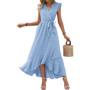 imageBTFBM Women V Neck Summer Dress 2025 Cap Sleeve Swiss Dot Boho Flowy Ruffle Slit Beach Party Long Maxi Cocktail DressesSwiss Dot Sky Blue