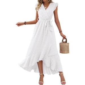 imageBTFBM Women V Neck Summer Dress 2025 Cap Sleeve Swiss Dot Boho Flowy Ruffle Slit Beach Party Long Maxi Cocktail DressesSwiss Dot White