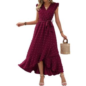 imageBTFBM Women V Neck Summer Dress 2025 Cap Sleeve Swiss Dot Boho Flowy Ruffle Slit Beach Party Long Maxi Cocktail DressesSwiss Dot Wine Red