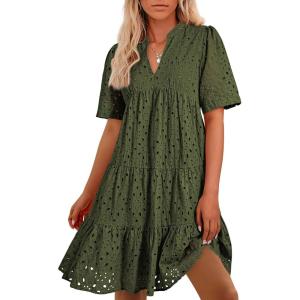 imageBTFBM Womens Boho Summer Dresses 2025 Resort V Neck Short Sleeve Hollow Out Lace Ruffle Casual Beach Mini Vacation DressArmy Green