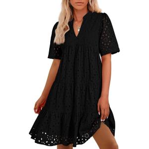 imageBTFBM Womens Boho Summer Dresses 2025 Resort V Neck Short Sleeve Hollow Out Lace Ruffle Casual Beach Mini Vacation DressBlack