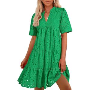 imageBTFBM Womens Boho Summer Dresses 2025 Resort V Neck Short Sleeve Hollow Out Lace Ruffle Casual Beach Mini Vacation DressGreen