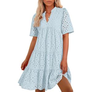 imageBTFBM Womens Boho Summer Dresses 2025 Resort V Neck Short Sleeve Hollow Out Lace Ruffle Casual Beach Mini Vacation DressLight Blue