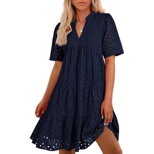 imageBTFBM Womens Boho Summer Dresses 2025 Resort V Neck Short Sleeve Hollow Out Lace Ruffle Casual Beach Mini Vacation DressNavy