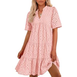imageBTFBM Womens Boho Summer Dresses 2025 Resort V Neck Short Sleeve Hollow Out Lace Ruffle Casual Beach Mini Vacation DressPink