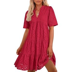 imageBTFBM Womens Boho Summer Dresses 2025 Resort V Neck Short Sleeve Hollow Out Lace Ruffle Casual Beach Mini Vacation DressRed