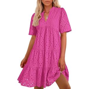 imageBTFBM Womens Boho Summer Dresses 2025 Resort V Neck Short Sleeve Hollow Out Lace Ruffle Casual Beach Mini Vacation DressRose Red