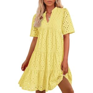imageBTFBM Womens Boho Summer Dresses 2025 Resort V Neck Short Sleeve Hollow Out Lace Ruffle Casual Beach Mini Vacation DressYellow