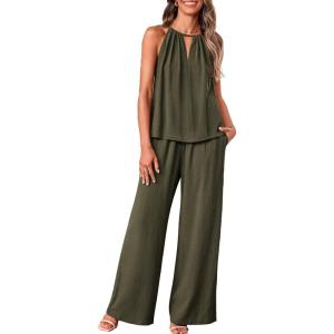 imageBTFBM Womens Casual Summer Two Piece Outfits Cotton Linen Sets Cutout Halter Sleeveless Top Wide Leg Pants Matching SetArmy Green