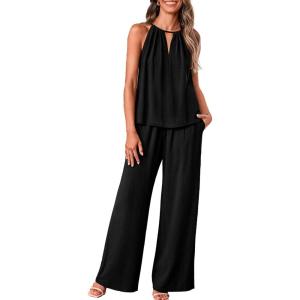 imageBTFBM Womens Casual Summer Two Piece Outfits Cotton Linen Sets Cutout Halter Sleeveless Top Wide Leg Pants Matching SetBlack