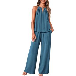 imageBTFBM Womens Casual Summer Two Piece Outfits Cotton Linen Sets Cutout Halter Sleeveless Top Wide Leg Pants Matching SetGrey Blue