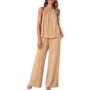 imageBTFBM Womens Casual Summer Two Piece Outfits Cotton Linen Sets Cutout Halter Sleeveless Top Wide Leg Pants Matching SetKhaki