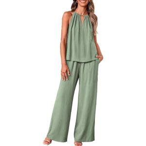 imageBTFBM Womens Casual Summer Two Piece Outfits Cotton Linen Sets Cutout Halter Sleeveless Top Wide Leg Pants Matching SetLight Green
