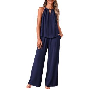 imageBTFBM Womens Casual Summer Two Piece Outfits Cotton Linen Sets Cutout Halter Sleeveless Top Wide Leg Pants Matching SetNavy