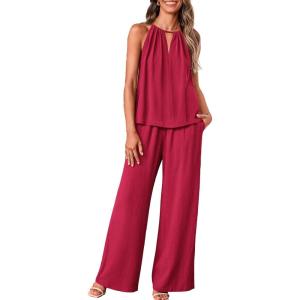 imageBTFBM Womens Casual Summer Two Piece Outfits Cotton Linen Sets Cutout Halter Sleeveless Top Wide Leg Pants Matching SetWine Red