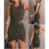 imageBTFBM Women 2025 Summer Sleeveless Tank Dresses Crew Neck Slim Fit Short Casual Ruched Bodycon Party Club Mini DressArmy Green