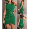 imageBTFBM Women 2025 Summer Sleeveless Tank Dresses Crew Neck Slim Fit Short Casual Ruched Bodycon Party Club Mini DressBright Green