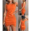 imageBTFBM Women 2025 Summer Sleeveless Tank Dresses Crew Neck Slim Fit Short Casual Ruched Bodycon Party Club Mini DressBright Orange