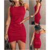 imageBTFBM Women 2025 Summer Sleeveless Tank Dresses Crew Neck Slim Fit Short Casual Ruched Bodycon Party Club Mini DressBright Red