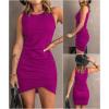 imageBTFBM Women 2025 Summer Sleeveless Tank Dresses Crew Neck Slim Fit Short Casual Ruched Bodycon Party Club Mini DressDark Purple