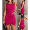 imageBTFBM Women 2025 Summer Sleeveless Tank Dresses Crew Neck Slim Fit Short Casual Ruched Bodycon Party Club Mini DressDark Rose Red